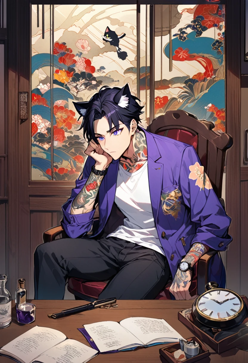 1man, short black hair, cat ears, bright blueviolet eyes, wearing a blueviolet casual jacket, wearing a white undershirt, wearing black pants , wearing a vintage blueviolet watch, thinking pose, japanese style tattoos, colorfull tattoos, tattoos all over the arms, sitting in chair