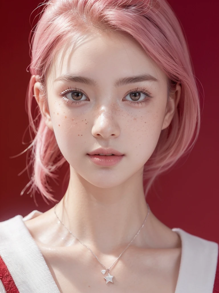 Background ( Red wall witha Huge poster of Japanese Samurai is visible) , sitting in front of the poster , professional modeling,  front view , distance view,wearing ( Red dress), looking innocent, smiling, cute girl short pink hair,all her hair short pink , with a star clip in her pink hair, light colored eyes, pretty eyes, happy eyes, pretty, upturned nose, watery nose, Pretty lips, pink lips, heart and cupid shaped lip, pretty skin, pale, White skin, with moles and freckles all over his face, soft pink blush on the cheeks, natural pink blush, soft pink makeup, Jennie, nice neck, frown, tender look, with a kiss necklace, while having a bare abdomen, Delgado, marked and pretty, (big breasts, soft breasts, nice breasts), photorealism, 8k , photorealistic , show clearly,