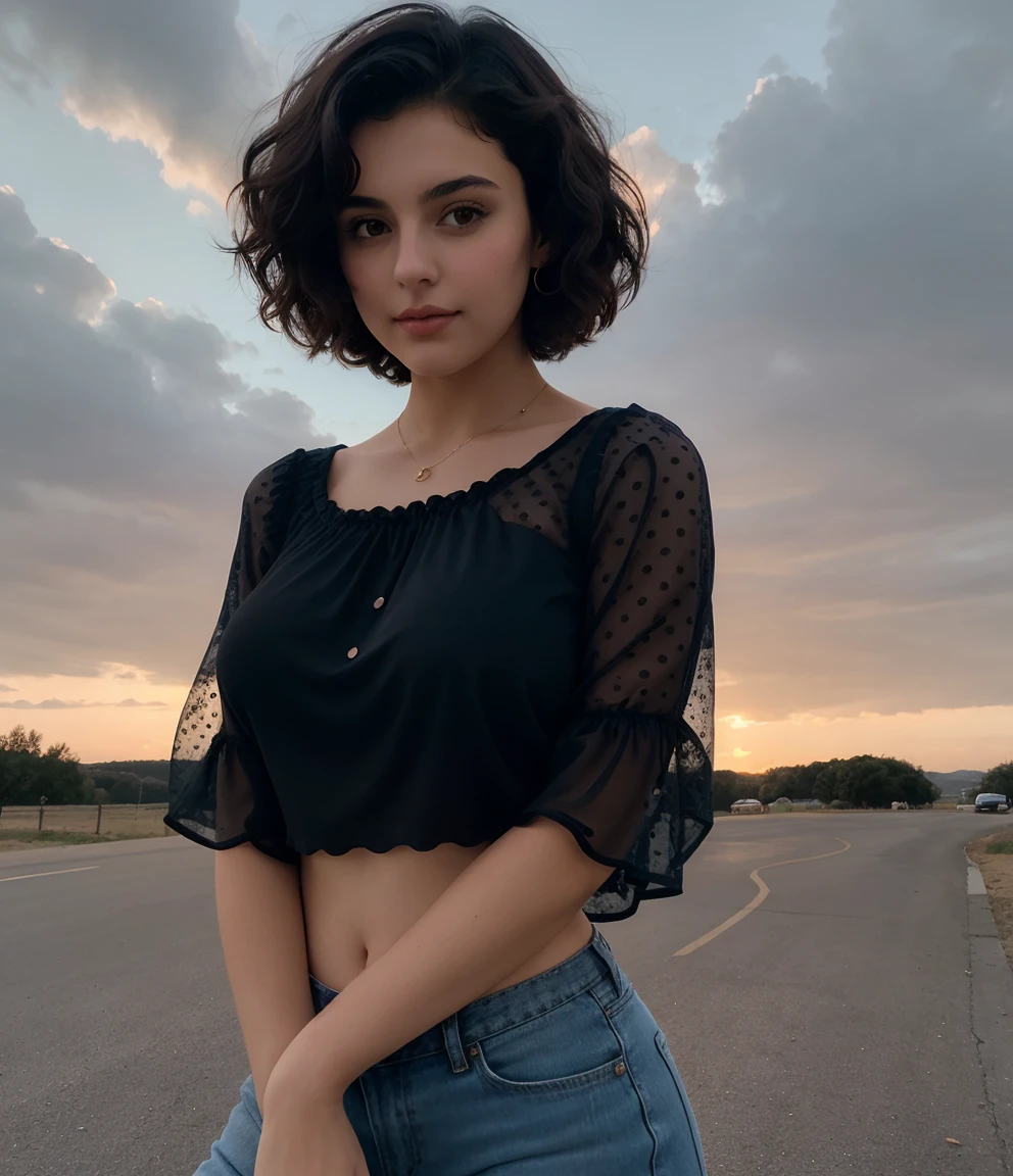 photograph of a dark-haired 18 years old, with windblown curls, her short hair is intertwined, like a flame against the twilight sky., radiating unbridled beauty, Big Breasts, wearing a transparan see trough blouse with holes in it, , braless,