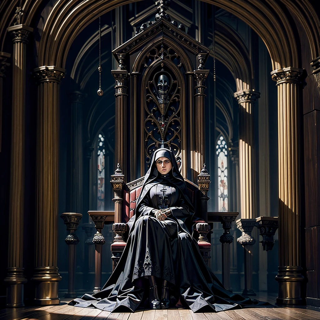 A realistic image of a sinister and mysterious Gothic room, sitting on a throne a ghostly and skeletal mummy of a nun, leaning against the wall an open coffin