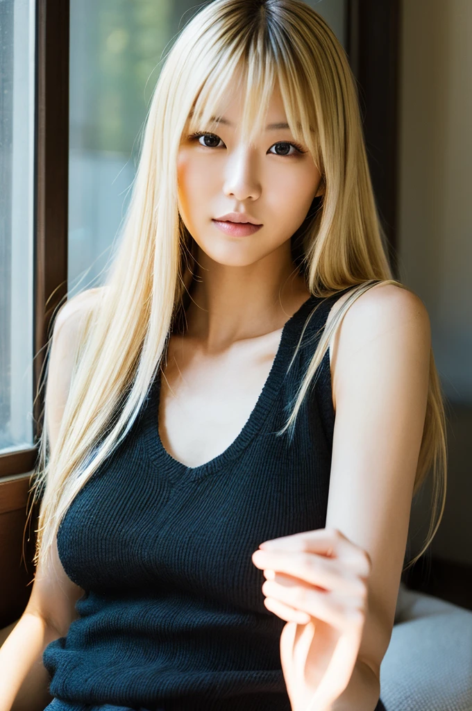 japanese girl, cute, (Highest quality), (Ultra-high resolution), (Realistic), (School room), blonde hair, lipstick, eyeshadow, eyeliner, (abs:1.1), ((blushing red cheek)), (drunk), (((tanned skin))), ((shoot from below)), Beautiful face in every detail, Beautiful hands in every detail, embarrassed, tearing up, half open mouth, (full body), , cardigan