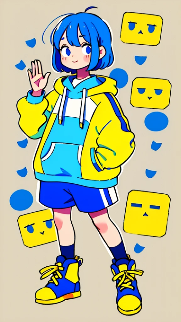 Mash Hair　Short Hair　Blue hair　Wearing a blue hoodie　　I'm wearing headphones　1 male　smile　Yellow irises　Narrow eyes　cheeks are white　The whole body is shown　Looking into the distance　Waving one hand up　The whole body is on camera