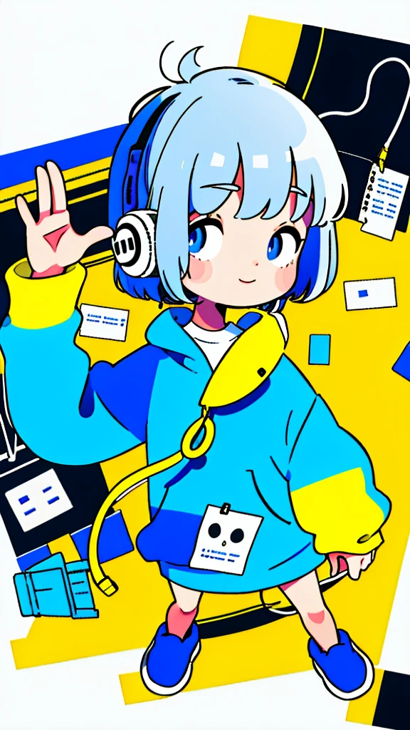 Mash Hair　Short Hair　Blue hair　Wearing a blue hoodie　　I'm wearing headphones　1 male　smile　Yellow irises　Narrow eyes　cheeks are white　The whole body is shown　Looking into the distance　Waving one hand up　The whole body is on camera