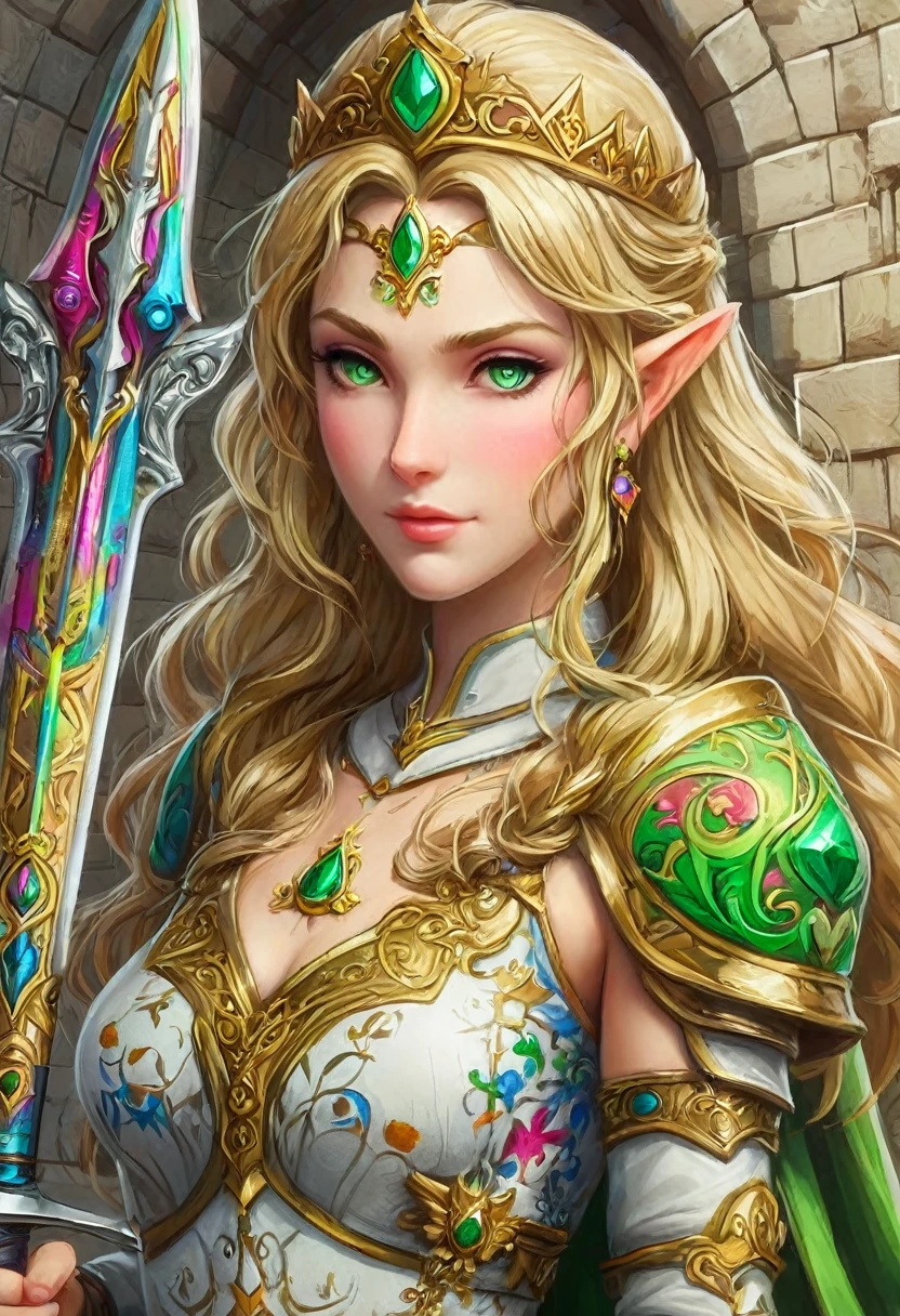 a masterpiece graffiti art paint of Princess Zelda on the wall of a castle, ,Princess Zelda (intense details, Masterpiece, best quality: 1.5), ultra detailed face, ultra feminine, fair skin, exquisite beauty, gold hair, long hair, wavy hair, small pointed ears, dynamic eyes color, wearing heavy green and white armor, shinning metal, armed with elven sword, ais-graffiti, chumbasket art style