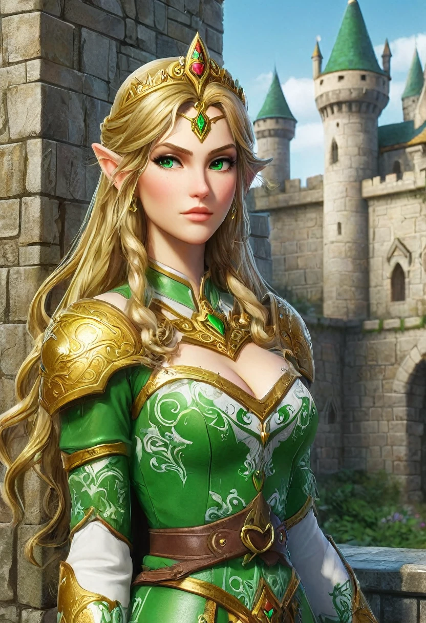 a masterpiece graffiti art paint of Princess Zelda on the wall of a castle, ,Princess Zelda (intense details, Masterpiece, best quality: 1.5), ultra detailed face, ultra feminine, fair skin, exquisite beauty, gold hair, long hair, wavy hair, small pointed ears, dynamic eyes color, wearing heavy green and white armor, shinning metal, armed with elven sword, ais-graffiti, chumbasket art style