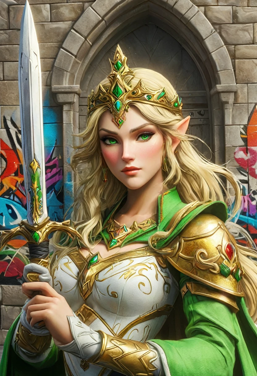 a masterpiece graffiti art paint of Princess Zelda on the wall of a castle, ,Princess Zelda (intense details, Masterpiece, best quality: 1.5), ultra detailed face, ultra feminine, fair skin, exquisite beauty, gold hair, long hair, wavy hair, small pointed ears, dynamic eyes color, wearing heavy green and white armor, shinning metal, armed with elven sword, ais-graffiti, chumbasket art style