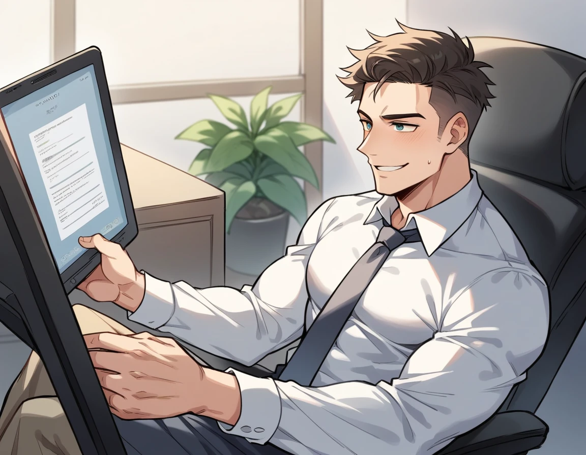 1 man is sitting relaxed in a luxurious office chair, with one hand holding a tablet, showing your connection with technology and knowledge, Your other hand is resting on the arm of the chair, with a thoughtful and focused expression, perhaps with a slight smile of confidence, Attentive eyes looking forward, as if you were about to give advice or a solution to a complex problem, The pose conveys serenity, confidence and readiness to act, Her hair is well-groomed black, giving her a sophisticated look., his deep and observant eyes always attentive to the details around him, athletic but not exaggerated physique, maintaining a balance between strength and elegance, wears an elegant suit with a white shirt and gray tie 