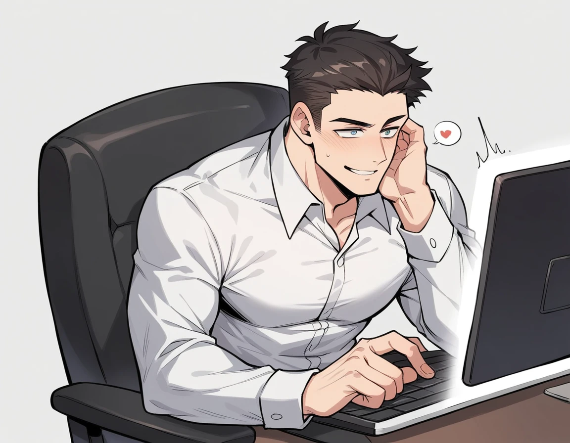 1 man is sitting relaxed in a luxurious office chair, with one hand holding a tablet, showing your connection with technology and knowledge, Your other hand is resting on the arm of the chair, with a thoughtful and focused expression, perhaps with a slight smile of confidence, Attentive eyes looking forward, as if you were about to give advice or a solution to a complex problem, The pose conveys serenity, confidence and readiness to act, Her hair is well-groomed black, giving her a sophisticated look., his deep and observant eyes always attentive to the details around him, athletic but not exaggerated physique, maintaining a balance between strength and elegance, wears an elegant suit with a white shirt and gray tie