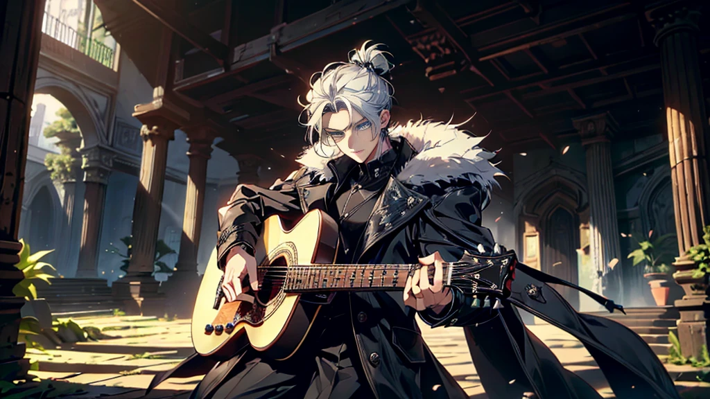 "best quality , High quality , The best details ,Portrait of a passionate guitarist,father,black knight armor,((black long coat)), ((all black)), (blue eyes) ,Short White Quiff Hair with Soft Fringe, White hair tied in a low bun, shaved on the sides, turned to the left of the middle.((black long coat)), ((all black)), (blue eyes) ,Short White Quiff Hair with Soft Fringe, White hair tied in a low bun, shaved on the sides, turned to the left of the middle. ในห้องนอน,A place where sunlight shines through , Create a play of light and shadow.. Guitarist holding a wooden guitar, inside the room, striking black shirt. Mesmerizing performance moments, Musicians immerse themselves in music.,beautiful sky,a young man,short hairstyle,(short white hair),handsome, blue eyes, handsome, father,Wear a wedding ring on the finger.