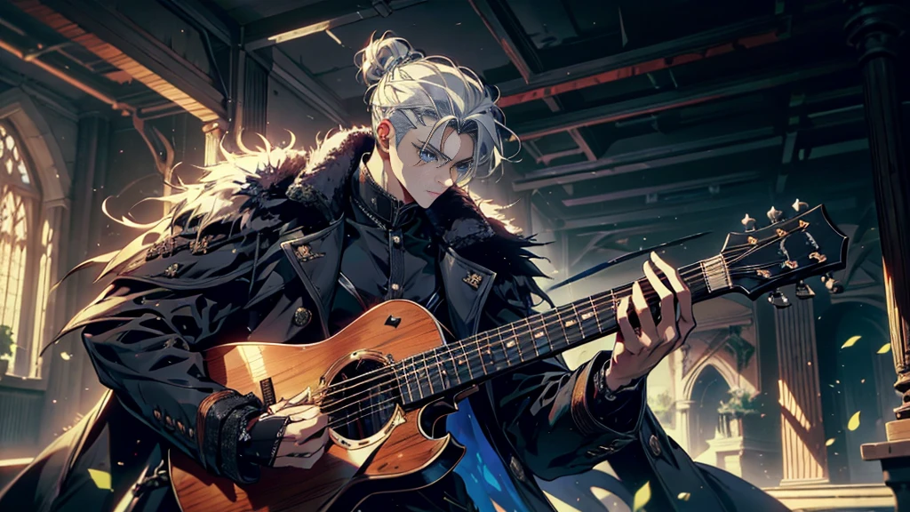 "best quality , High quality , The best details ,Portrait of a passionate guitarist,father,black knight armor,((black long coat)), ((all black)), (blue eyes) ,Short White Quiff Hair with Soft Fringe, White hair tied in a low bun, shaved on the sides, turned to the left of the middle.((black long coat)), ((all black)), (blue eyes) ,Short White Quiff Hair with Soft Fringe, White hair tied in a low bun, shaved on the sides, turned to the left of the middle. ในห้องนอน,A place where sunlight shines through , Create a play of light and shadow.. Guitarist holding a wooden guitar, inside the room, striking black shirt. Mesmerizing performance moments, Musicians immerse themselves in music.,beautiful sky,a young man,short hairstyle,(short white hair),handsome, blue eyes, handsome, father,Wear a wedding ring on the finger.