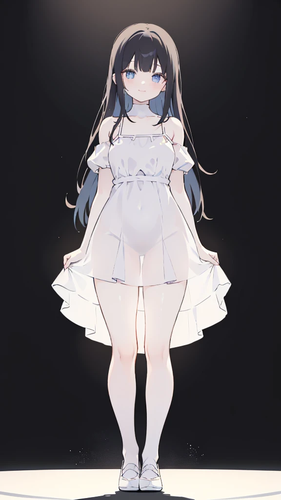 masterpiece, 8K, Detailed face, best quality, Must be created as described, (1 girl, alone, 20 years old, 158cm), (Black hair, long hair, Straight Hair, Bangs), (innocent, Big blue eyes like diamonds), (fair skin, thin waist, long legs), (Dress simply,Fitted pure white dress, spaghetti straps, Flat style), (The dress is very short, Thin and translucent, Dress has no sleeves, 只有spaghetti straps), (Wearing white socks), (Show your thighs, Show your arms), (The expression looks shy, but with a smile), (light black background, Full body portrait, Stand Up Straight, symmetry)