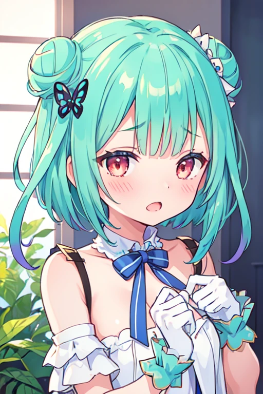 (best quality, masterpiece:1.2), ultra detailed, extremely detailed eyes and face, natural skin texture, detailed skin, natural lighting,
 1 girl, (cute),
 half undressed,
 BREAK (orgasm face, aroused, blush:1.2),
 BREAK rushia_idol, green hair, short hair, double bun, idol outfit, white gloves, blue bow, butterfly hair ornament, (upper body:1.2), nsfw,