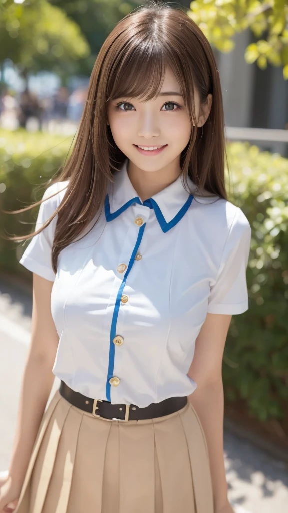 bright表情、Realistic:1.32、Highest quality、Ultra-high resolution、最も美しい日本のgirlの写真、Cute and beautiful facial details、Small face、美しいbangs、、Shine, fair, Shine肌、Hair gets tangled in the face、(girl1Only people:1.3)、顔まで伸びるbangs、bangs、Hair between the eyes、Attractive brown silky hair、bright、Her clear eyes shine charmingly.、Cute pose、Highest quality、Confused、((The cutest girl in the world))、Japanese、((Summer uniforms for students:1.3))、(High waist pleated skirt)、Newest Brands、(Half Side Up:1.3)、(Thin ribbon)、Nice and cute、An innocent smile、nice smile、Cleavage、(Large Breasts:1.3)、(Pose cutely:1.3)、Brown Hair、Narrow waist、Beautiful eyes in every detail、View your audience、Upper Body、Face close-up、Front view、