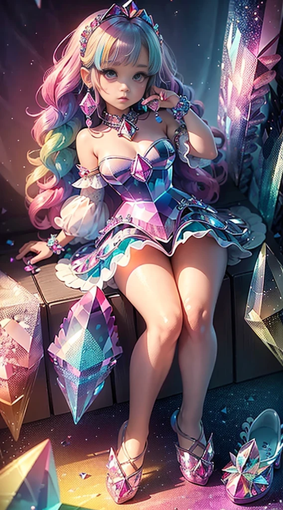(Masterpiece), (Best quality), Extremely detailed, illustration, ((1girll)), (colorful crystals:1.5),(Wear crystal shoes:1.5),(colorfulhair:1.2),(Colorful dresses),High chiaroscuro,(full bodyesbian:1.5) baby baby chibi anime cute