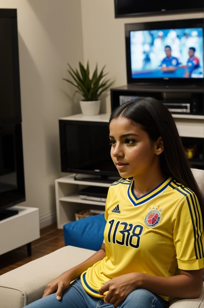 Girl watching the Colombia game on TV wearing a Colombia shirt with the name Monica and number 18