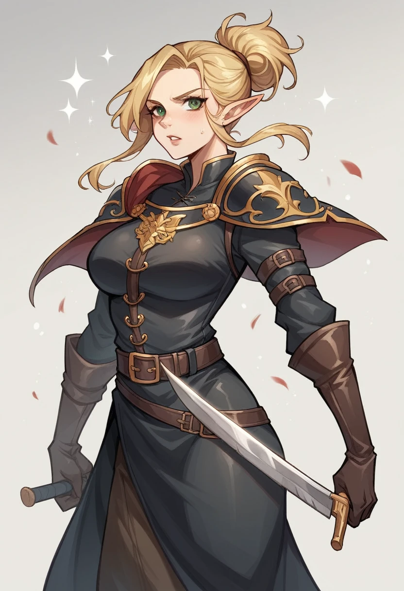 The 16 year old elf heroine is a striking figure with her tousled blonde hair framing her face in a short, lively hairstyle. Her slim build hints at her agility and flexibility, essential traits for her adventurous life. Clad in the rugged attire of a medieval fantasy highwayman, she exudes a rough charm. Her dark, weathered clothes are complemented by protective black leather armor, adding an air of danger and mystery. The gleam of throwing knives strapped to her belt serves as a stark reminder of her lethal proficiency and readiness for action.