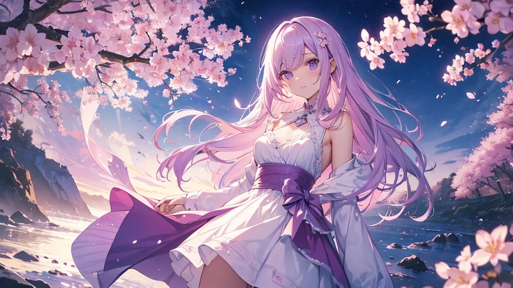 (high resolution, Practical, 4K, Extremely detailed, masterpiece:1.2),1 hermaphrodite girl, , Unisex, Shiny purple eyes, pink medium length hair, shoulder-length, White Dress, clothes, floating dress, Fleeting, Transparent girl, nihilistic, expressionless, poker face, Dynamic poses, phosphorescence, Magic Aura, Light Particles, Full of cherry blossom trees,  and Silent, Mysterious background, Dramatic Lighting, Magical atmosphere, Bright colors, Charming beauty