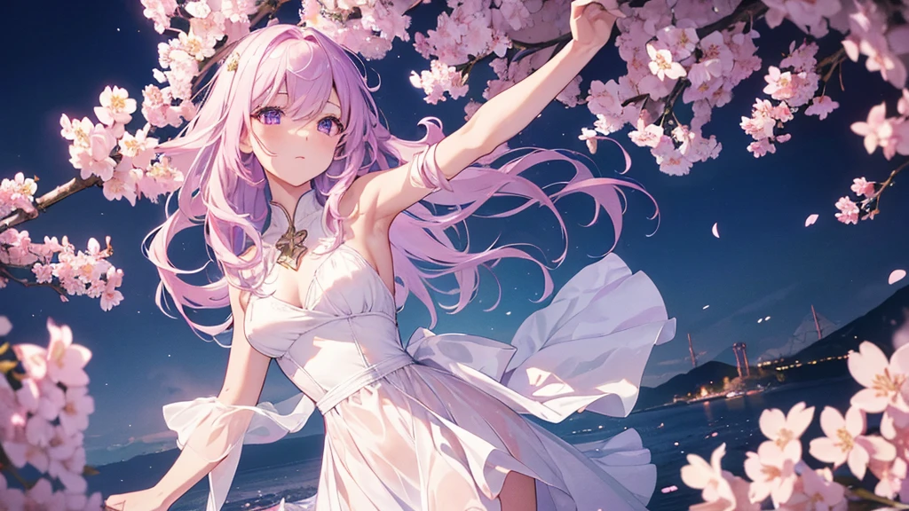 (high resolution, Practical, 4K, Extremely detailed, masterpiece:1.2),1 hermaphrodite girl, , Unisex, Shiny purple eyes, pink medium length hair, shoulder-length, White Dress, clothes, floating dress, Fleeting, Transparent girl, nihilistic, expressionless, poker face, Dynamic poses, phosphorescence, Magic Aura, Light Particles, Full of cherry blossom trees, and Silent, Mysterious background, Dramatic Lighting, Magical atmosphere, Bright colors, Charming beauty