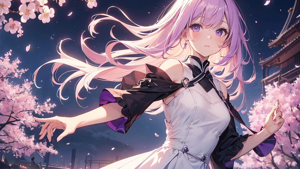 (high resolution, Practical, 4K, Extremely detailed, masterpiece:1.2),1 hermaphrodite girl, , Unisex, Shiny purple eyes, pink medium length hair, shoulder-length, White Dress, clothes, floating dress, Fleeting, Transparent girl, nihilistic, expressionless, poker face, Dynamic poses, phosphorescence, Magic Aura, Light Particles, Full of cherry blossom trees,  and Silent, Mysterious background, Dramatic Lighting, Magical atmosphere, Bright colors, Charming beauty