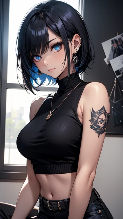 a busty girl with long dark blue hair in a pixie cut hair, beautiful detailed eyes, beautiful detailed lips, extremely detailed face, longeyelashes, dark green eyes, wearing a ripped anime-style school girl uniform, almost showing her nipple through her ripped bra, (best quality,4k,8k,highres,masterpiece:1.2),ultra-detailed,(realistic,photorealistic,photo-realistic:1.37),vibrant colors,dramatic lighting,atmospheric,cinematic,detailed rendering