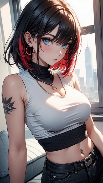(masterpiece), best quality, a girl sitting close to a window, emo, emo girl,sadgirl, red hair,cute, tatto, (close up),short hair, blue eyes, black clothes, sensual, (glowing eyes), asthetic,style, stylish, piercing, happy,naughty, mischevious, smug, superior, earings, wallpaper, 4k, wall, cool, badass, cropped shirt, defined abdomen, sexy, belt, black pant, cozy,
BREAK she is using a sleeveless shirt, she is wearing a cropped white shirt, she is wearing a necklace, she has tatto in the arm, she has tatto in the abdomen, she is wearing a black pant