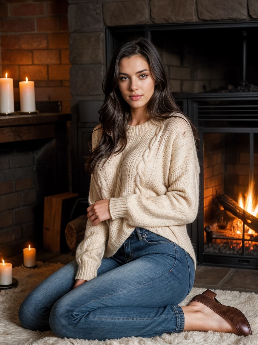 Sexy tall dark hair brunette, slightly wavy hair, 175cm tall, perfect body, in a cozy sweater and jeans, sitting by a fireplace, with the firelight dancing on her skin, raw photo, realistic UHD, 8k, realistic skin shadows, realistic skin texture, playboy photoshoot