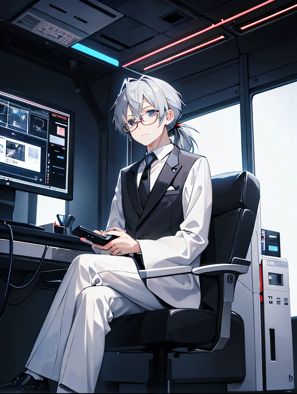 （Mastepiece）（High definition）Japanese male android in his 20s、alone、Gray Hair、ponytail、hat、Tuxedo、tie、Wearing round rimless glasses、Sitting、It is connected to the machine by multiple cables.（charging）、background（A science fiction-like electronic world、A space that feels like the inside of a machine、Virtual space、Near future）