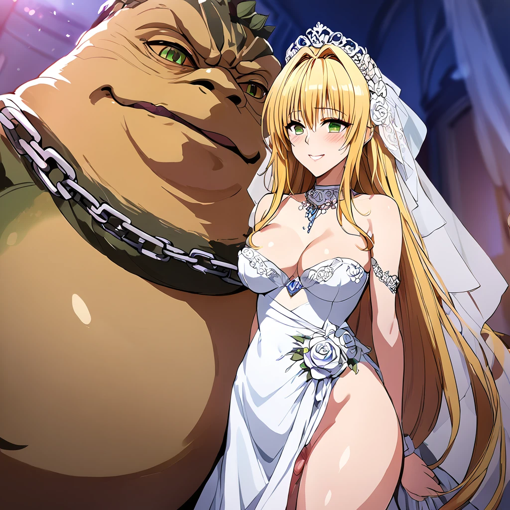 ((Highest quality)), ((masterpiece)), (detailed), （Perfect Face）、The woman is a member of the Hutt clan, Tearje the Hutt, with green eyes, medium-long blonde hair, an iron collar with a chain, and a gorgeous, jeweled vintage wedding dress and vintage wedding veil. She is picked up by Jabba the Hutt, who inserts his penis into her vagina and ejaculates a large amount of semen into her, as she moans with joy and climaxes.、Jabba the Hutt picks up a woman, fondles her, and impregnates her、The woman loves Jabba the Hutt and looks at him with a gentle smile.