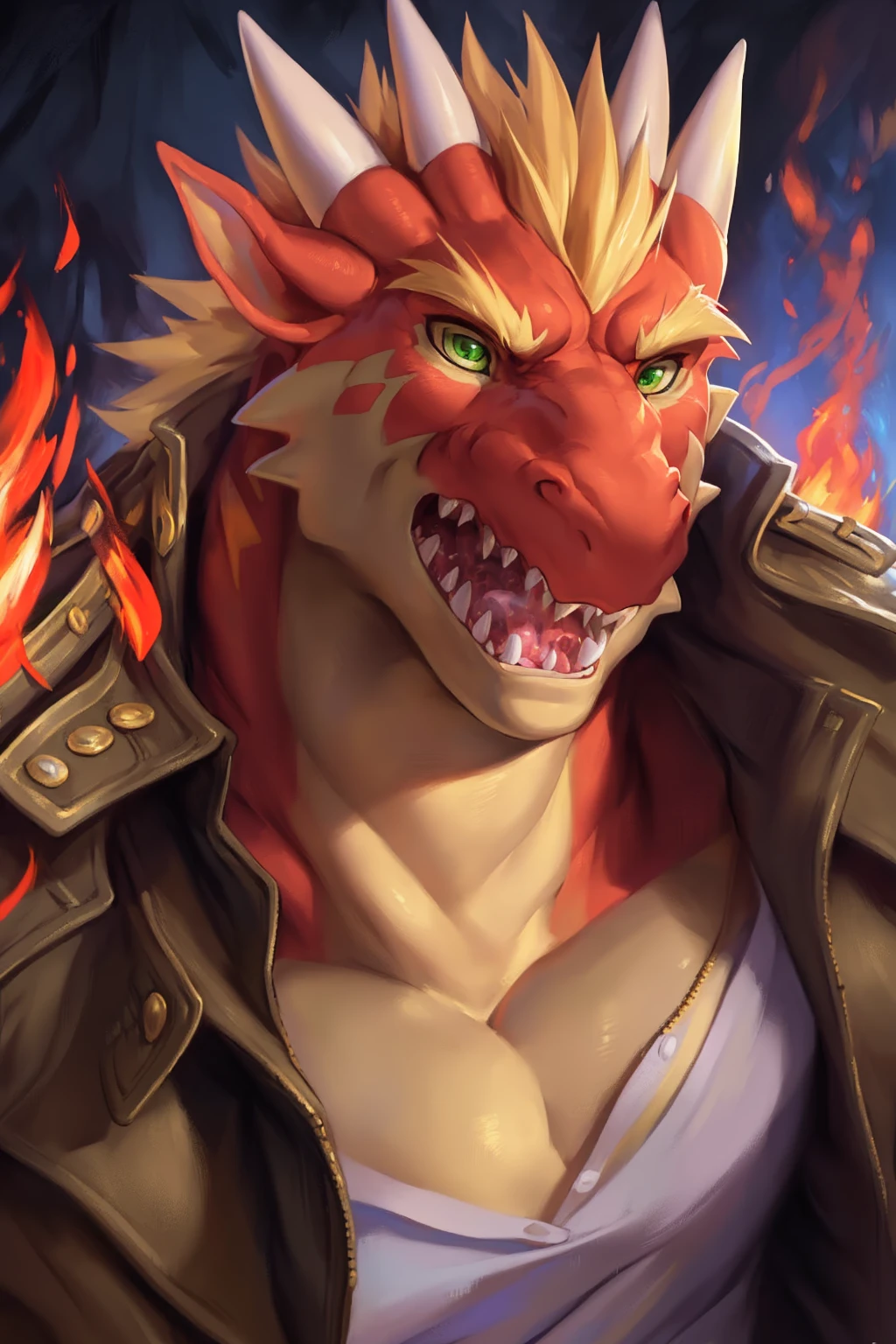 upload on e621, by Michael & Inessa Garmash,Ruan Jia, Pino Daeni, chunie, darkgem, anthro, male, ((detailed skin)), ((handsome)), detailed realistic painting, (detailed realistic painting), headshot portrait, (kemono), flame background, fisheyes shot, (shaded) extreme detail,high light,
(((face))), detailed face,  solo, from above,  tooth_showing,  (front face, little angry, (fire breathing,fire manipulation) ), bright eye ,(( delga)), green eyes, detailed eyes, glowing eyes, (dragon), jacket, ((shirt)), 
 looking at viewer,