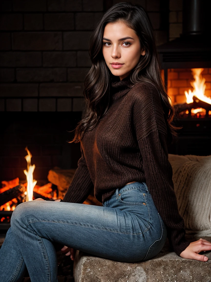 Sexy tall dark hair brunette, slightly wavy hair, 175cm tall, perfect body, in a cozy sweater and jeans, sitting by a fireplace, with the firelight dancing on her skin, raw photo, realistic UHD, 8k, realistic skin shadows, realistic skin texture, playboy photoshoot, viki odintcova