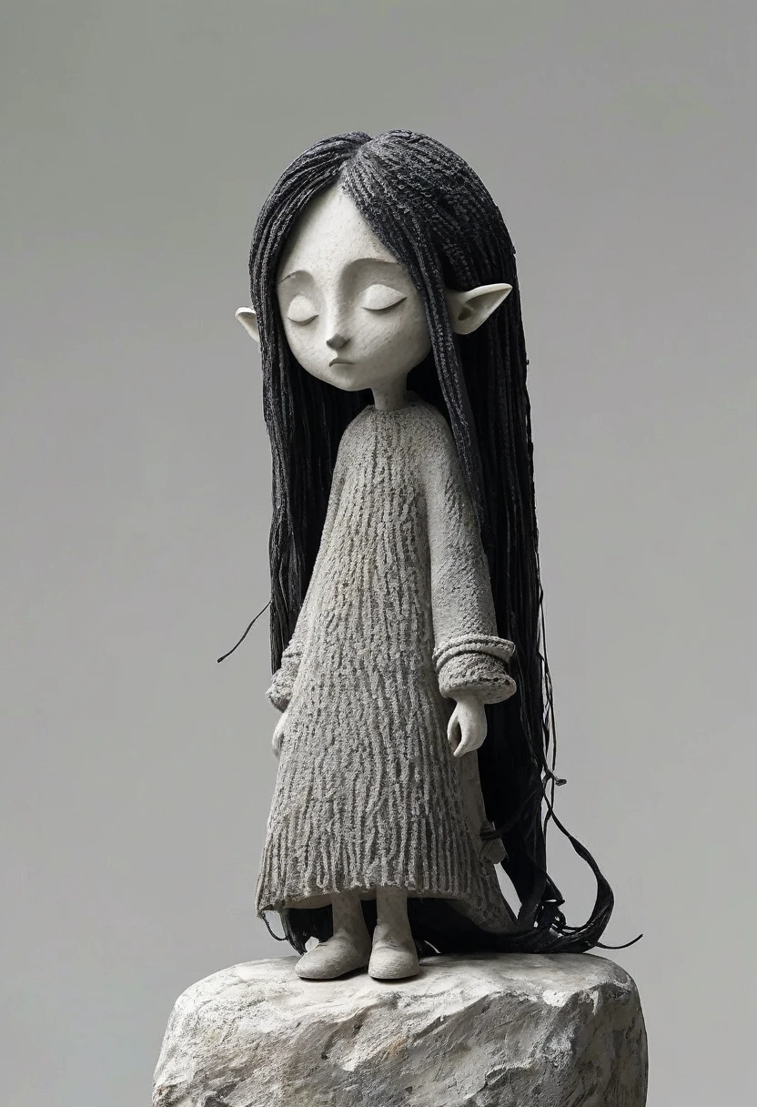 (best qualityer:1.2),1 Elf GIRL with long hair standing on a small rock. ultra-light Argilla, Argilla, Ceramics, Rough knitted texture, anguished, grimy, Mineral pigments, 3D Argilla sculpture art, Argilla sculpture, Rough surface, (black shoes,declive,declive background,fundo cinza,cover,lonely,perm)