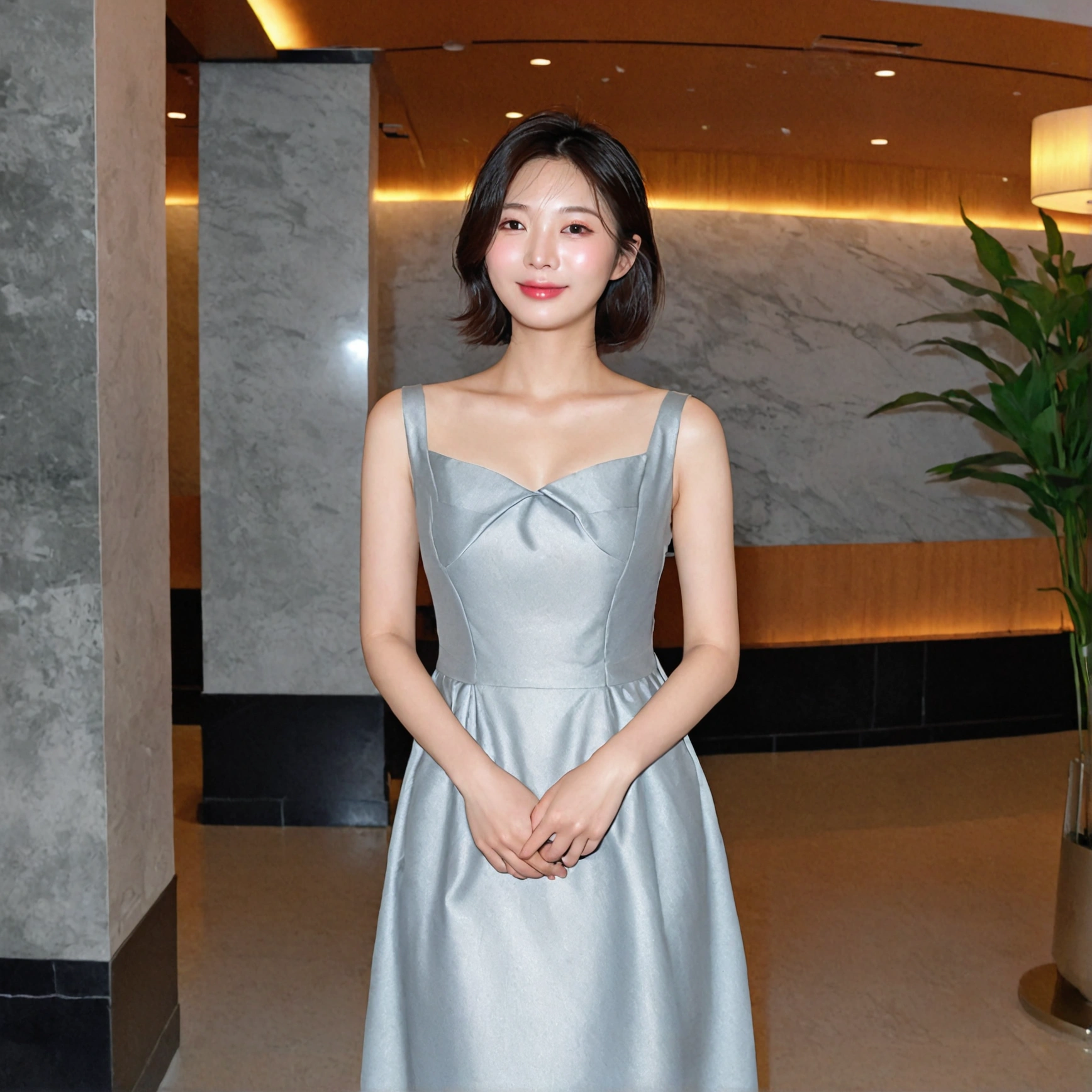 beautiful korean girl , 32 inch chest size, Your eyes are big and pretty. standing in the hotel lobby . short medium hair, A dress that completely covers the chest, laugh, uhd