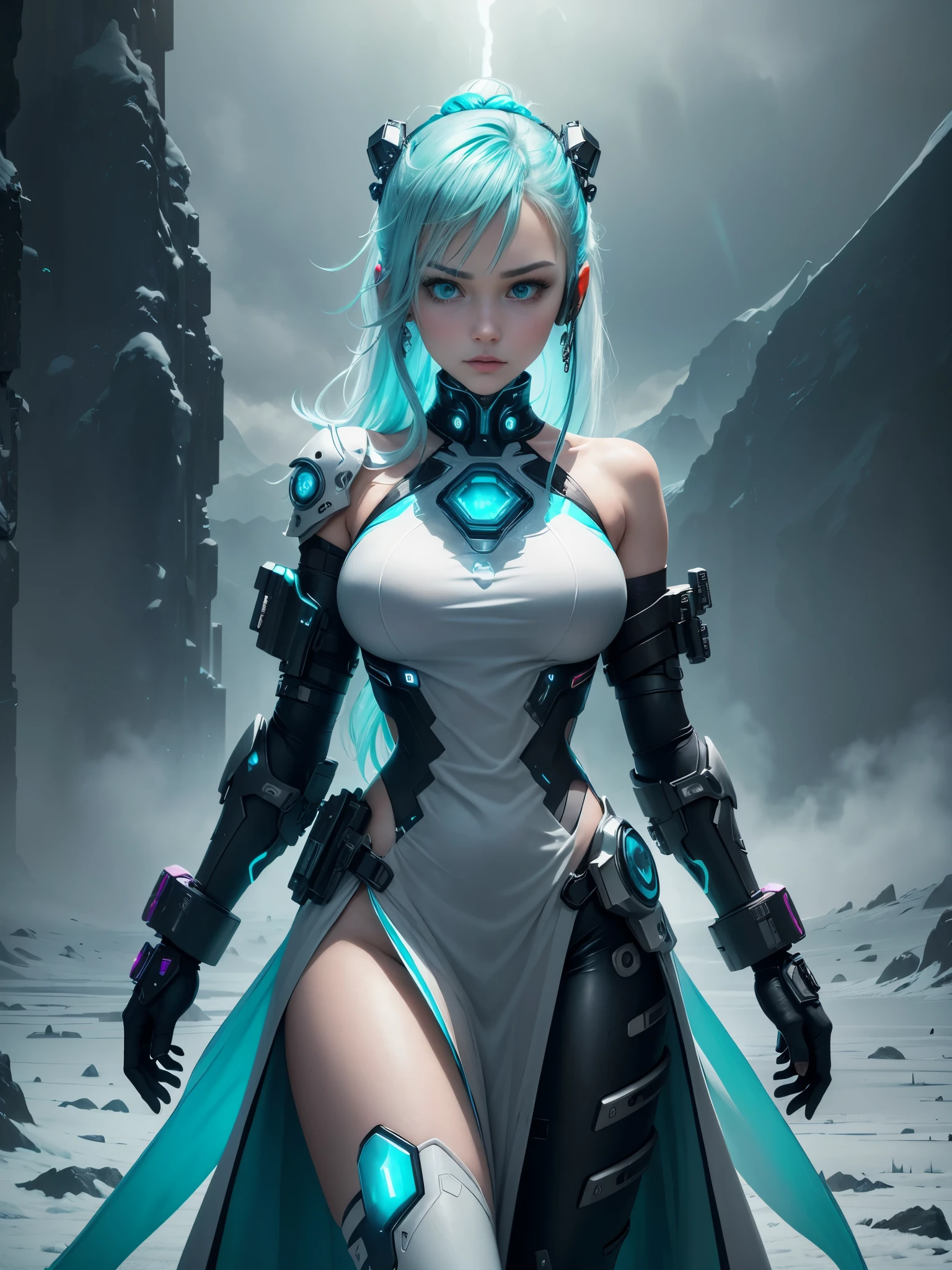 sharp focus, Model shooting style, (Extremely detailed CG Unity 8K wallpaper),cyberpunk characters [Foggy Snow Mountain Landscape，Snow Mountain] Immerse yourself in the beautiful aurora，Living in the clouds of the starry sky，Behind the clouds，（Double contact：1.3），
(The transparent and ethereal face of the girl blends into the aurora，Snow Mountain superimposes multiple elements and integrates the picture，
photography：Brandon Woelfelmist，surreal dreamscape，Gray vibe，Rainy Day，That&#39;s it，Right of use，HDR，Surrealist art fantasy style，Epic digital fantasy art style，Beautiful sci-fi art, Sci-fi digital art illustration,Sci-fi digital painting, futuristic digital painting, futuristic concept art, Sci-fi Snow Mountain landscape front, Sci-fi digital art, Dreamy transparent ethereal girl portrait
dramatic sky, dramatic lighting, dynamic pose. seductive expression. transparent clothes. clothes flowing in the air, turquoise and white theme. nipples,  bare shoulders.
turquoise aurora borealis. mechanical armour, badass girl, cyberpunk style augmentations