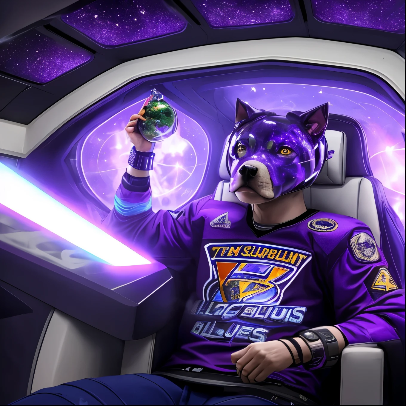 Black Creature Man body and pit bull head smoking weed in spaceship cock pit with purple lighting in outer space cyber punk wearing St. Louis blues hockey jersey
