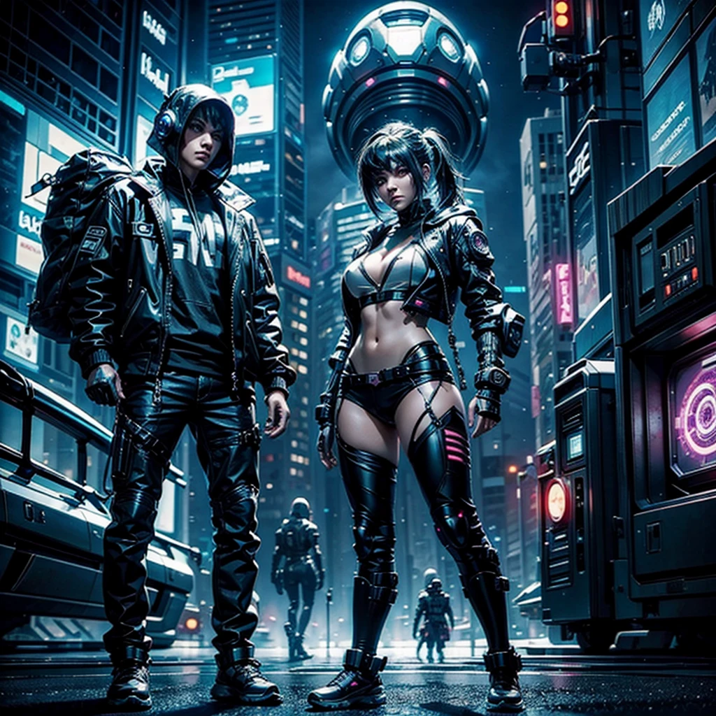 cyber punk girl facing an alien, in the background a futuristic city with an alien spaceship on top
