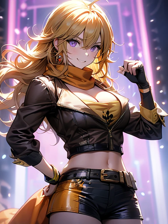 (masterpiece, best quality:1.2), cowboy shot, solo, 1girl, yang xiao long, grin, hand on hip, ahoge, purple eyes, brown jacket, yellow tube top, black shorts, black fingerless gloves, orange scarf, waist cape, midriff, cleavage, large breasts, country lane