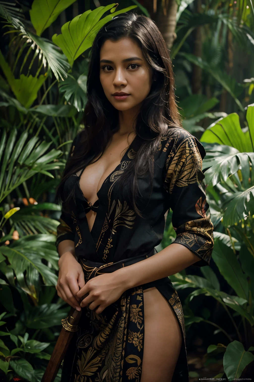 hyperrealistic portrait of a 30 year old Indonesian female model with long black hair flowing in the wind, ideal body, dressed in traditional white Balinese clothes with a red and black shawl, wearing yellow frangipani flower decoration. selling a lot of tempeh in traditional markets. bokeh background of the 80s Traditional Market, Balinese nature in a stunning bamboo plantation with falling bamboo leaves and a misty, mystical atmosphere like in a fairy tale. Use soft photography lighting. Hair lighting, side lighting, high quality photos, UHD, 16K