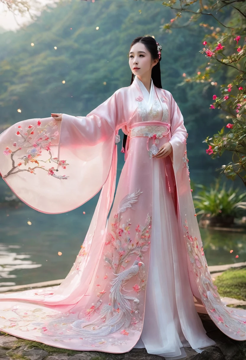 stunning hanfu wedding cloak embroidered with translucent crystals sparkling pearl crystals sparkling like a diamond phoenix lifelike, dragging a 2m dress with its beautiful and noble ice pink magic octane presents a surreal lighting background 16k --v 4 --ar 2:3,((Fashion Design, Dummy model))