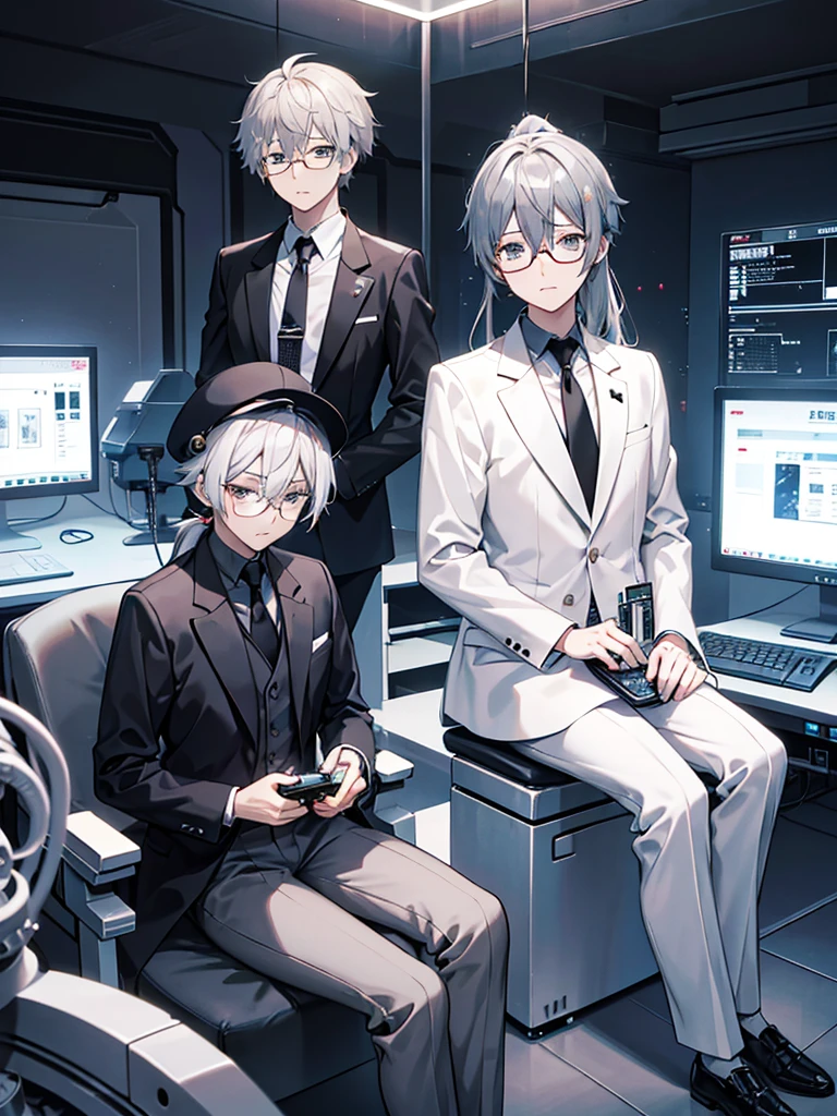 （Mastepiece）（High definition）Japanese male android in his 20s、alone、Gray Hair、ponytail、hat、Tuxedo、tie、Wearing round rimless glasses、Sitting、It is connected to the machine by multiple cables.（charging）、background（A science fiction-like electronic world、A space that feels like the inside of a machine、Virtual space、Near future）