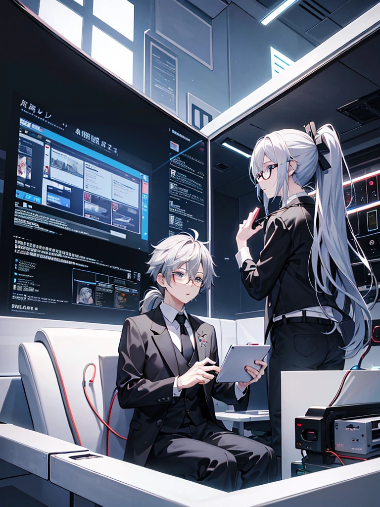 (Mastepiece)(High definition)Japanese male android in his 20s、alone、Gray Hair、ponytail、hat、Tuxedo、tie、Wearing round rimless glasses、Sitting、It is connected to the machine by multiple cables.(charging)、background(A science fiction-like electronic world、A space that feels like the inside of a machine、Virtual space、Near future)