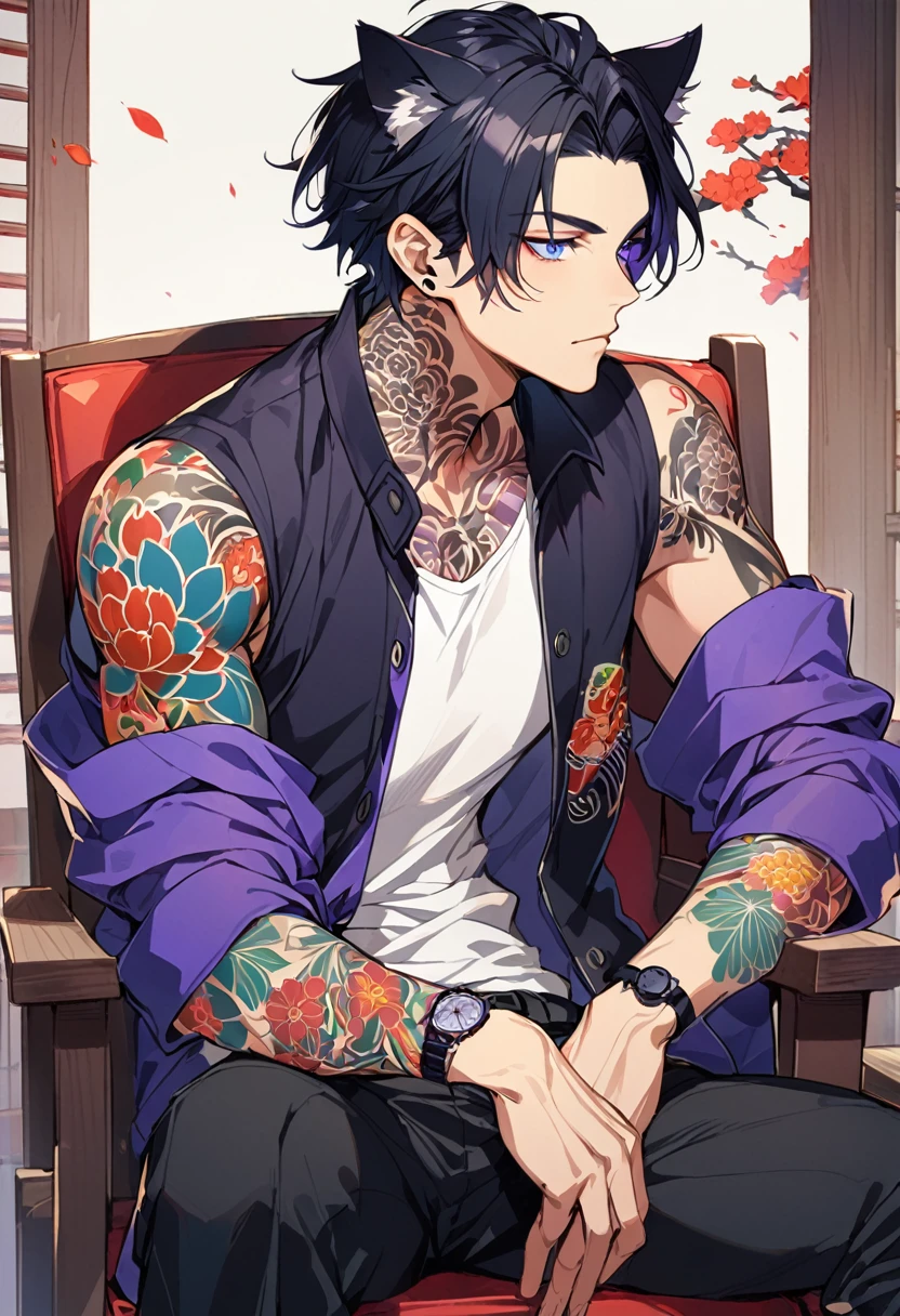 1man, short black hair, cat ears, bright blueviolet eyes, wearing a blueviolet casual jacket, wearing a white undershirt, wearing black pants , wearing a vintage blueviolet watch, japanese style tattoos, colorfull tattoos, tattoos all over the arms, sitting in chair