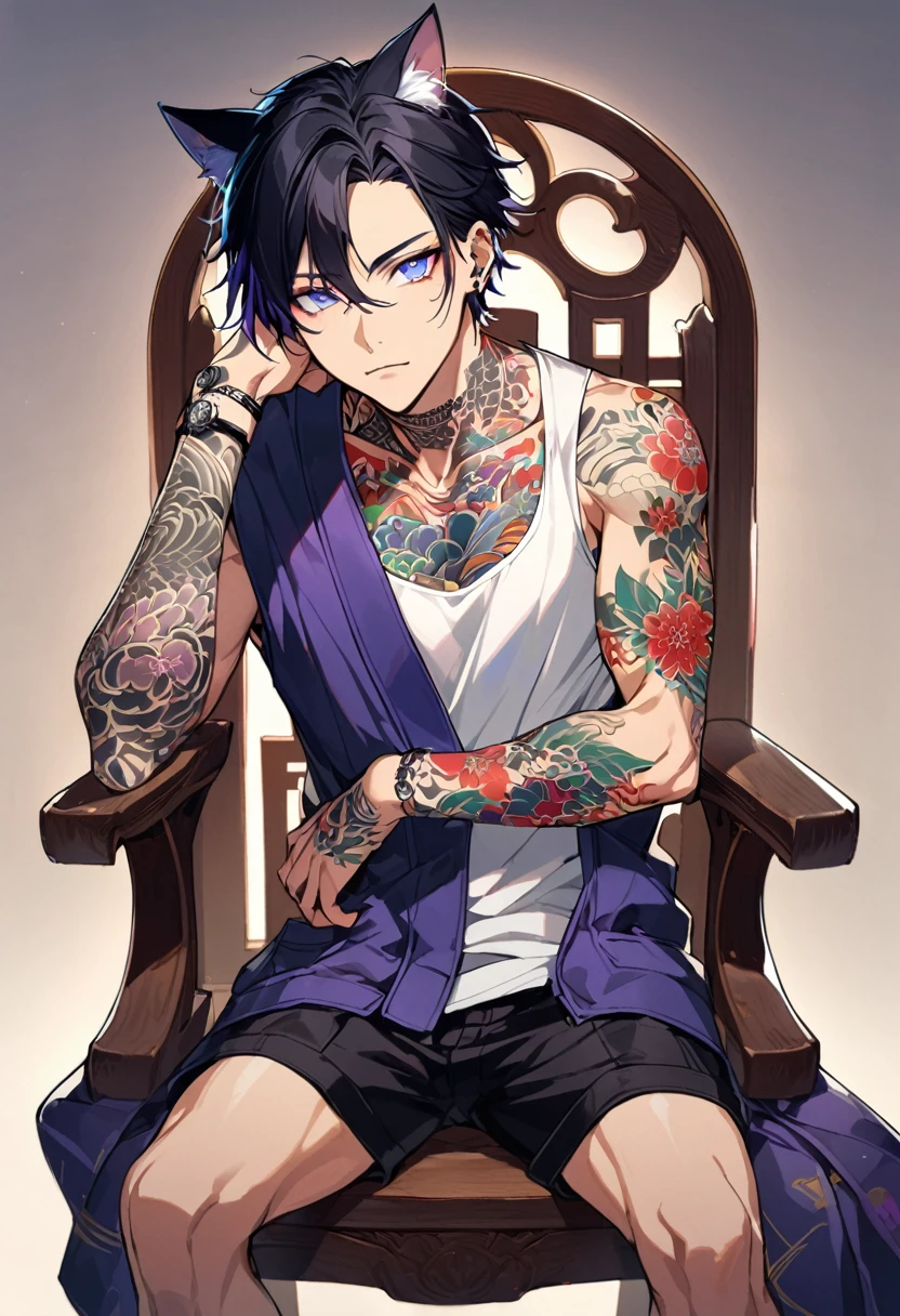 1man, short black hair, cat ears, bright blueviolet eyes, wearing a blueviolet casual jacket, wearing a white undershirt, wearing black pants , wearing a vintage blueviolet watch, japanese style tattoos, colorfull tattoos, tattoos all over the arms, sitting in chair