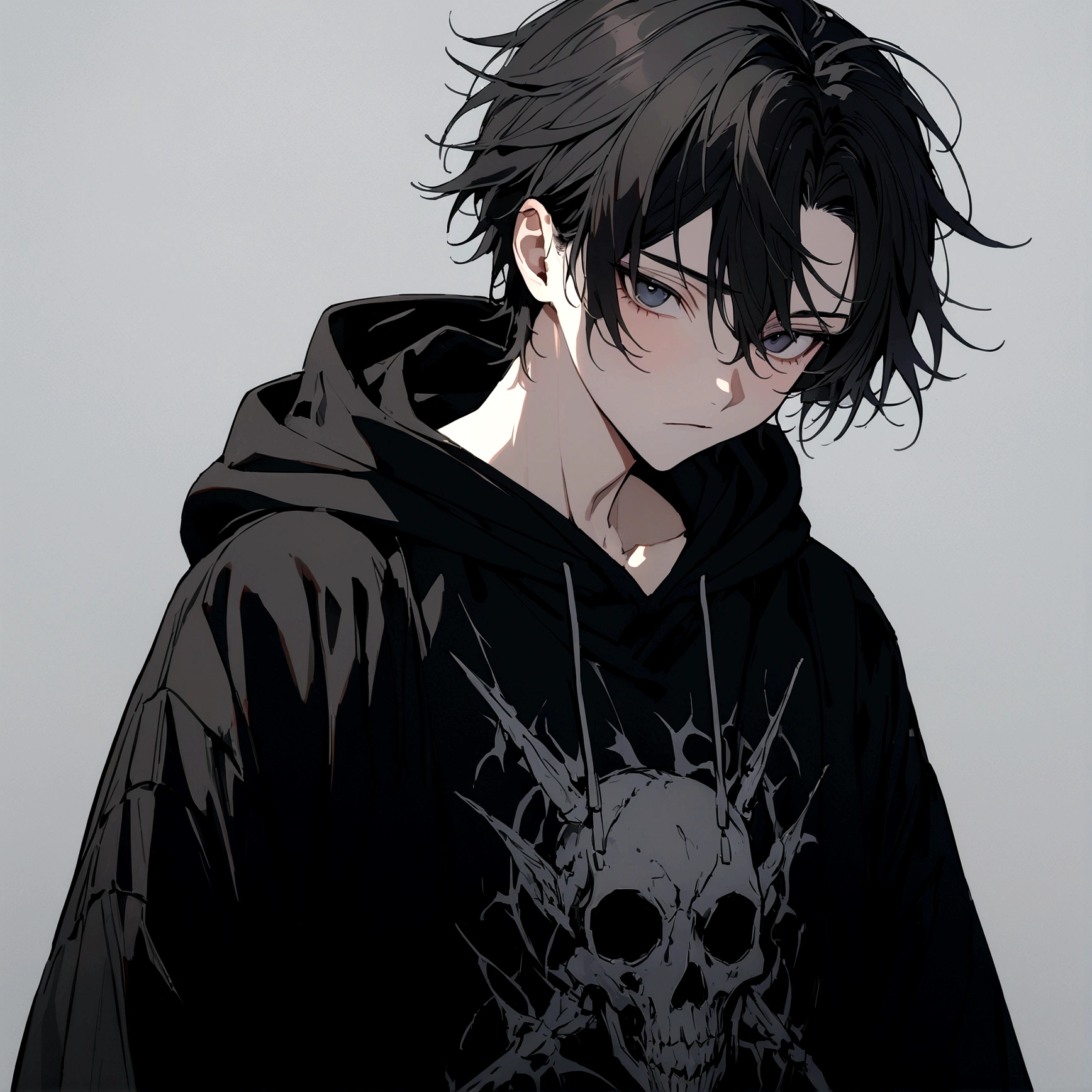 8k, best quality, masterpiece, highly detailed, male, 18 years old, comma hair model, black hair, black hoodie with death metal screen printing, gray background