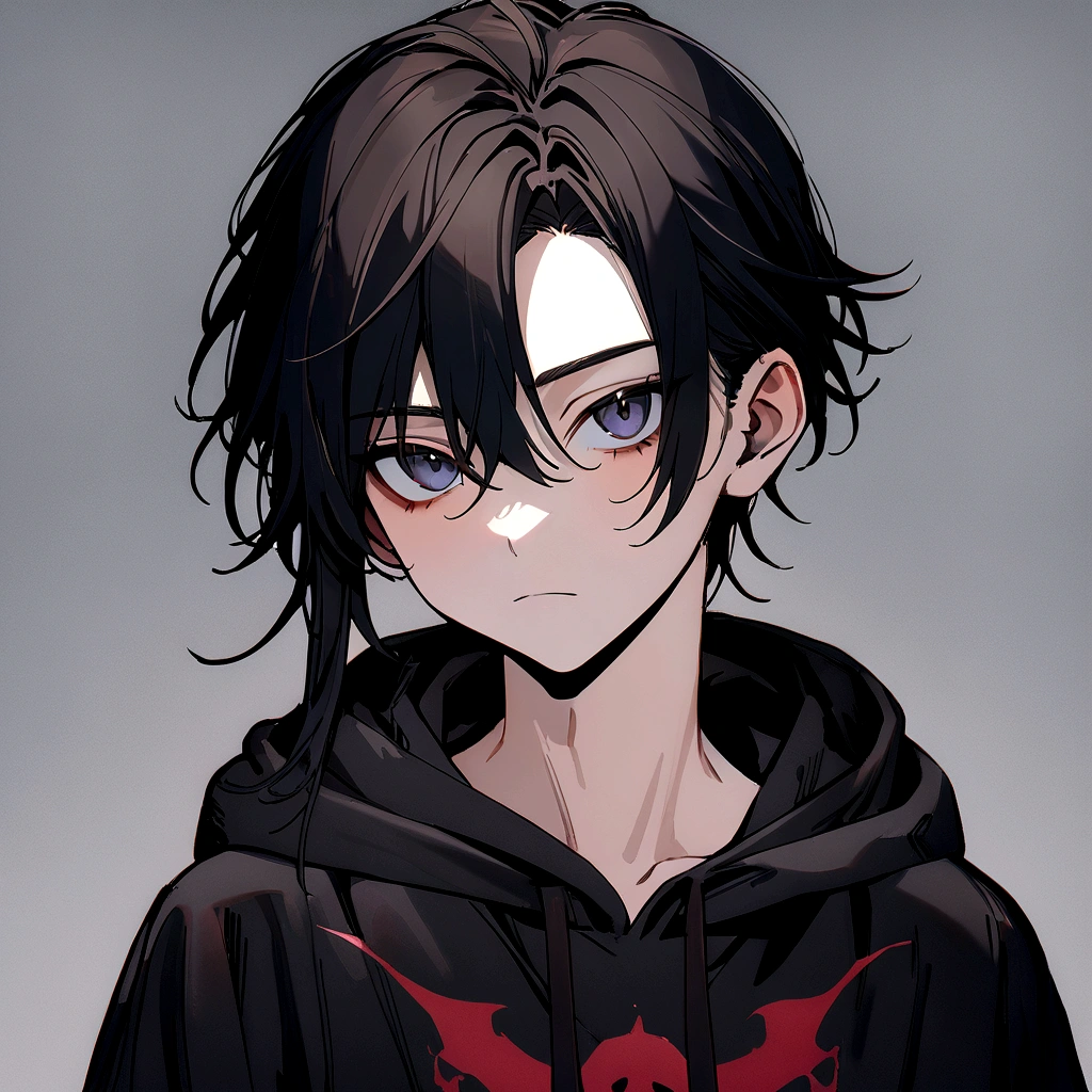 8k, best quality, masterpiece, highly detailed, male, 18 years old, comma hair model, black hair, black hoodie with death metal screen printing, gray background