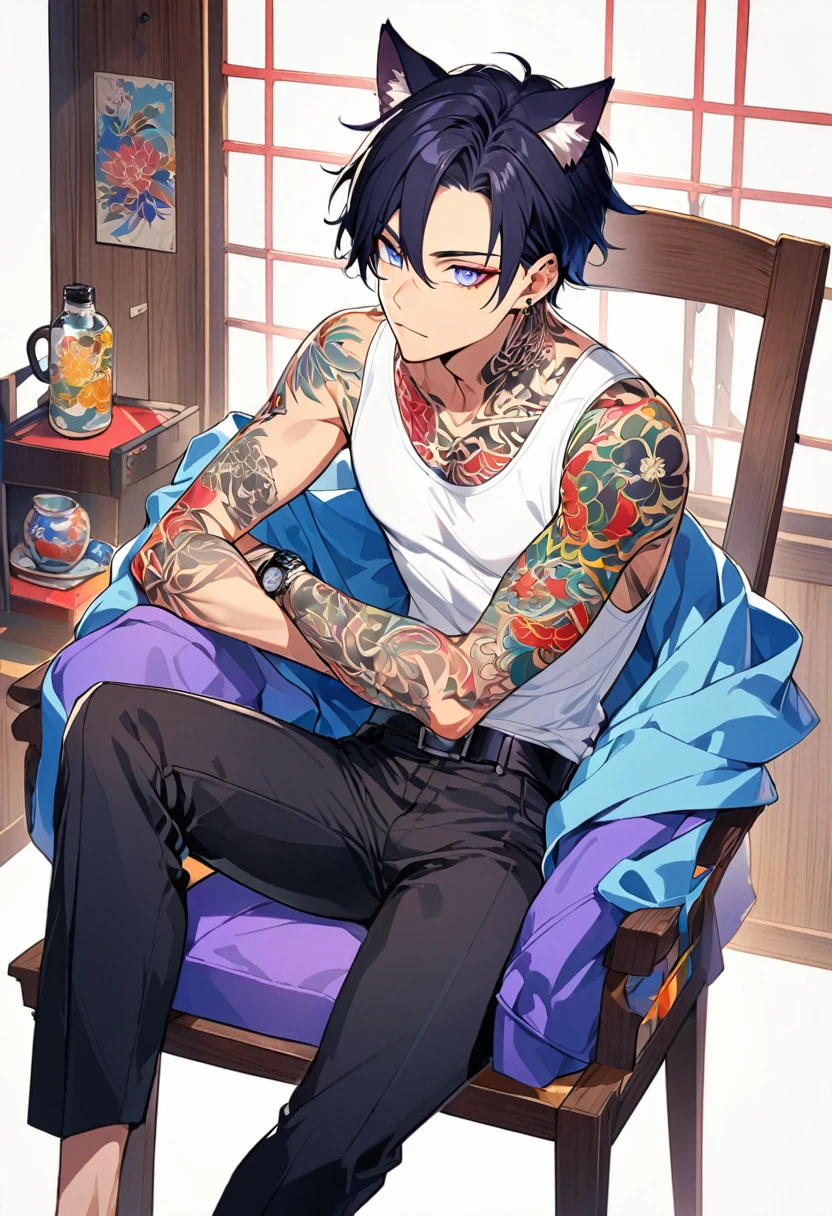 1man, short black hair, cat ears, bright blueviolet eyes, wearing a blueviolet casual jacket, wearing a white undershirt, wearing black pants , wearing a vintage blueviolet watch, japanese style tattoos, colorfull tattoos, tattoos all over the arms, sitting in chair