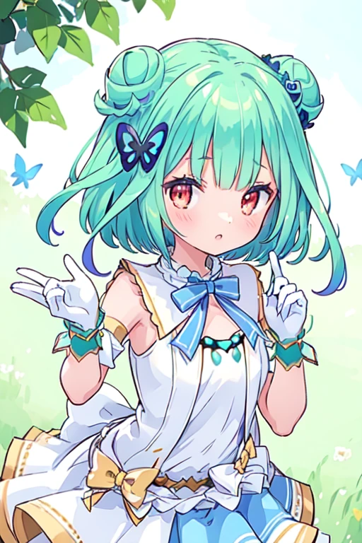 (best quality, masterpiece:1.2), ultra detailed, extremely detailed eyes and face, natural skin texture, detailed skin, natural lighting,
1 girl, (cute),
rushia_idol, green hair, short hair, double bun, idol outfit, white gloves, blue bow, butterfly hair ornament, pper body,