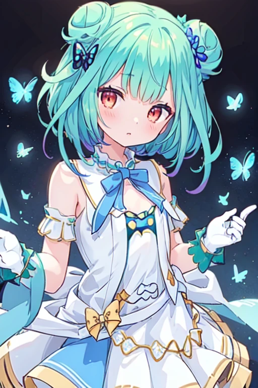 (best quality, masterpiece:1.2), ultra detailed, extremely detailed eyes and face, natural skin texture, detailed skin, natural lighting,
 1 girl, (cute),
 rushia_idol, green hair, short hair, double bun, idol outfit, white gloves, blue bow, butterfly hair ornament, pper body,