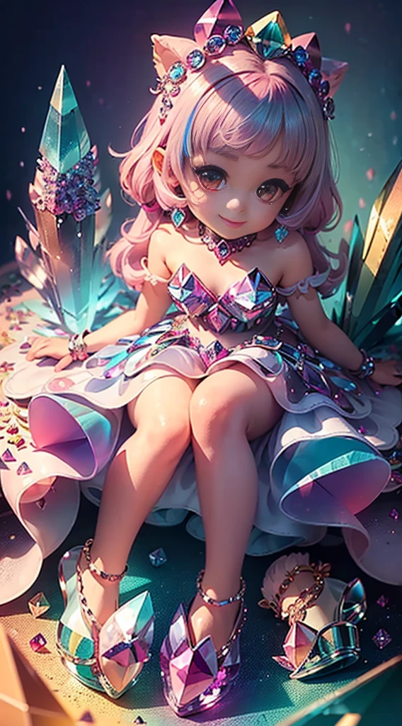 cute  (Masterpiece), (Best quality), Extremely detailed, illustration,  ((1girll)), (colorful crystals:1.5),(Wear crystal shoes:1.5),(colorfulhair:1.2),(Colorful dresses),High chiaroscuro,(full bodyesbian:1.5) baby baby chibi smiling gently