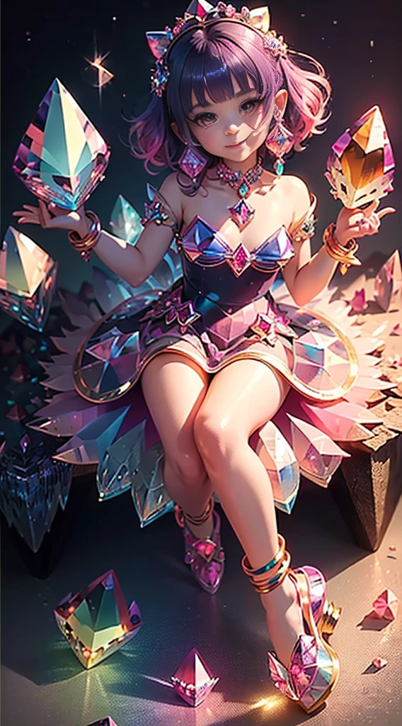 cute  (Masterpiece), (Best quality), Extremely detailed, illustration,  ((1girll)), (colorful crystals:1.5),(Wear crystal shoes:1.5),(colorfulhair:1.2),(Colorful dresses),High chiaroscuro,(full bodyesbian:1.5)little girl baby baby chibi smiling gently