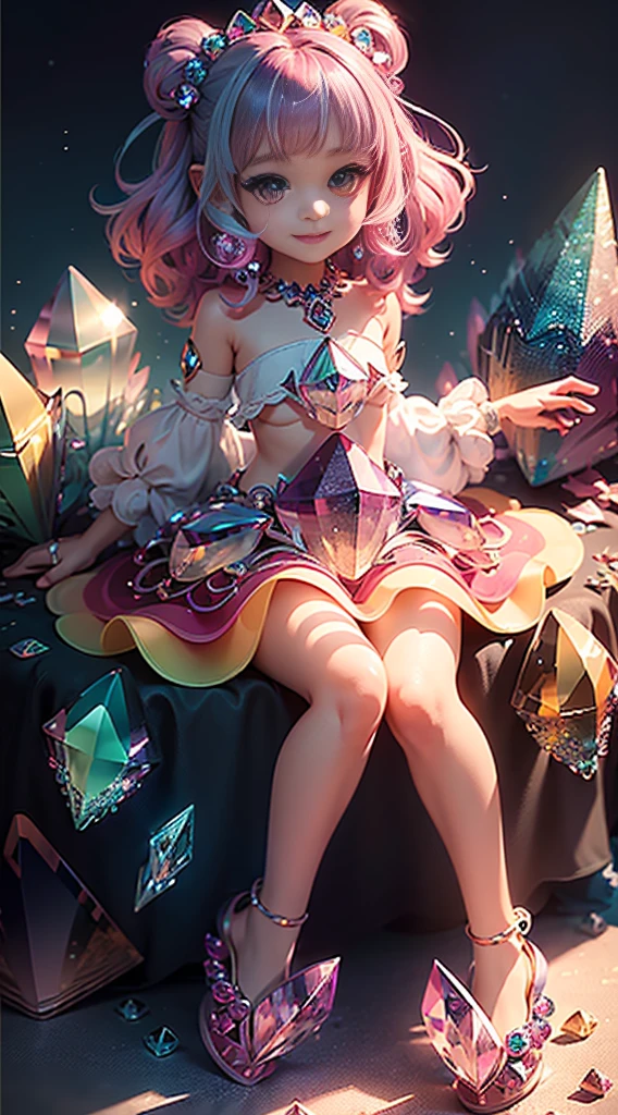 cute  (Masterpiece), (Best quality), Extremely detailed, illustration,  ((1girll)), (colorful crystals:1.5),(Wear crystal shoes:1.5),(colorfulhair:1.2),(Colorful dresses),High chiaroscuro,(full bodyesbian:1.5) chibi smiling gently